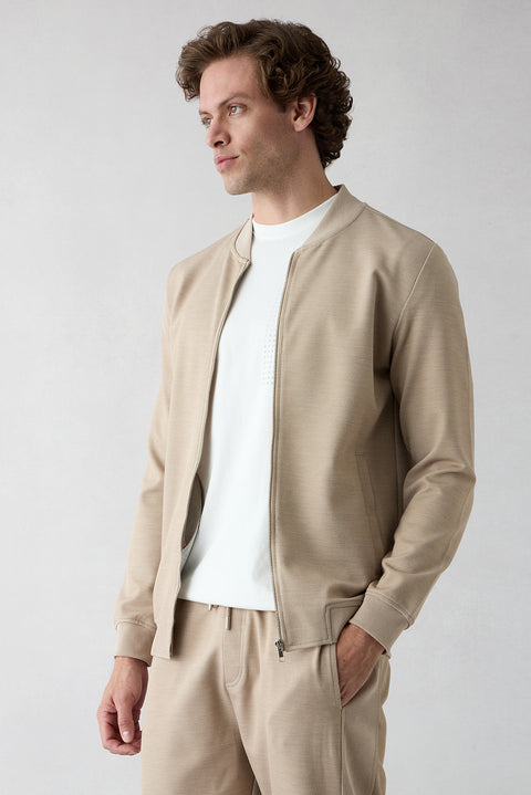 Açık Bej Fermuarlı Esnek Bomber Sweat Hırka