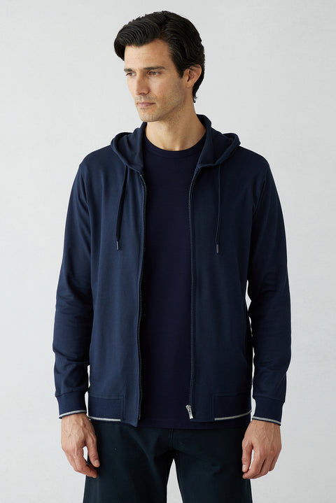 Koyu Lacivert Regular Fit Kapüşonlu Fermuarlı Cepli Sweatshirt Hırka