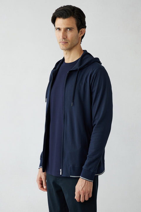 Koyu Lacivert Regular Fit Kapüşonlu Fermuarlı Cepli Sweatshirt Hırka