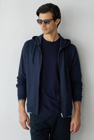  Koyu Lacivert Regular Fit Kapüşonlu Fermuarlı Cepli Sweatshirt Hırka