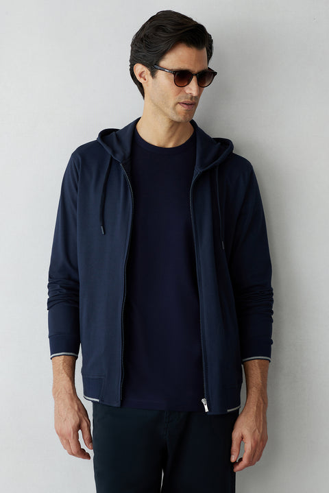 Koyu Lacivert Regular Fit Kapüşonlu Fermuarlı Cepli Sweatshirt Hırka