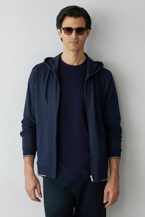 Koyu Lacivert Regular Fit Kapüşonlu Fermuarlı Cepli Sweatshirt Hırka