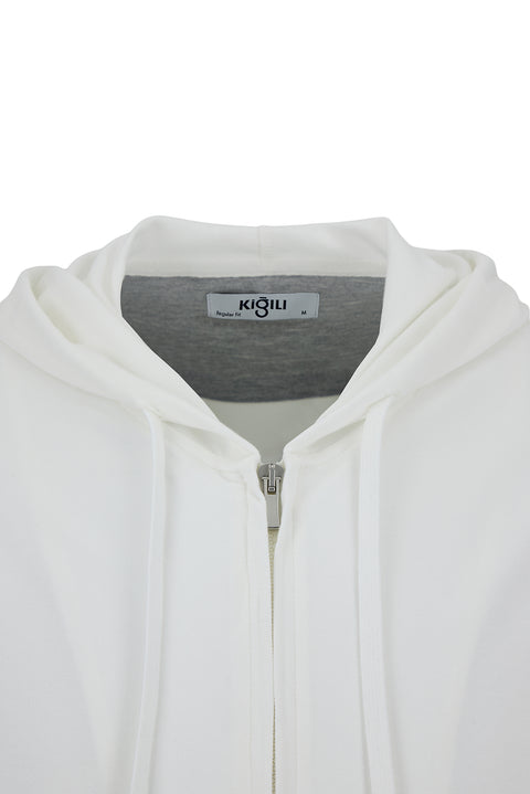 White Regular Fit Hooded Zip-Up Knitted Sweatshirt