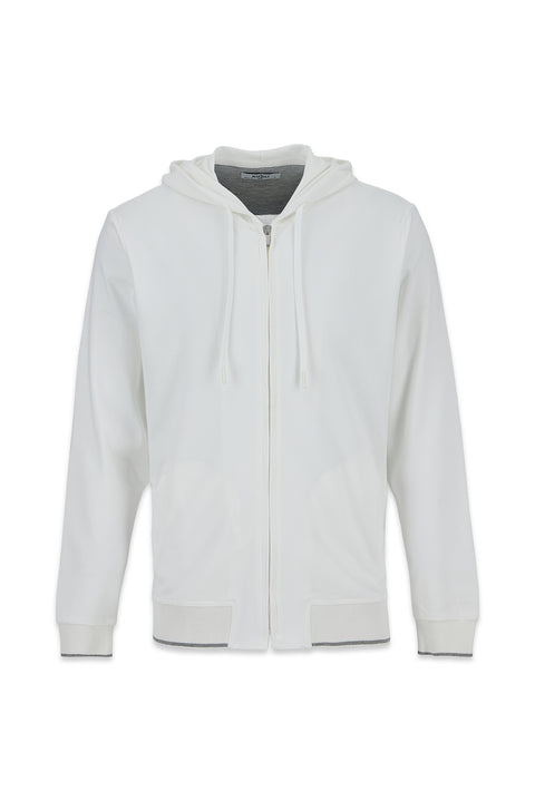 Beyaz Regular Fit Kapüşonlu Fermuarlı Cepli Sweatshirt Hırka