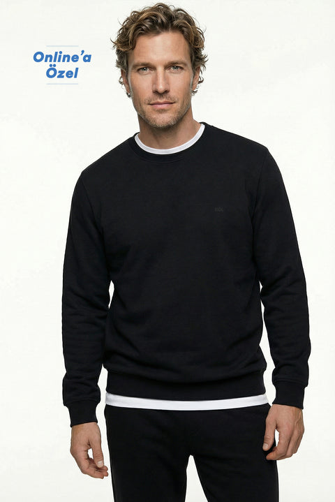 Black Crew Neck Regular Fit Cotton Basic Sweatshirt