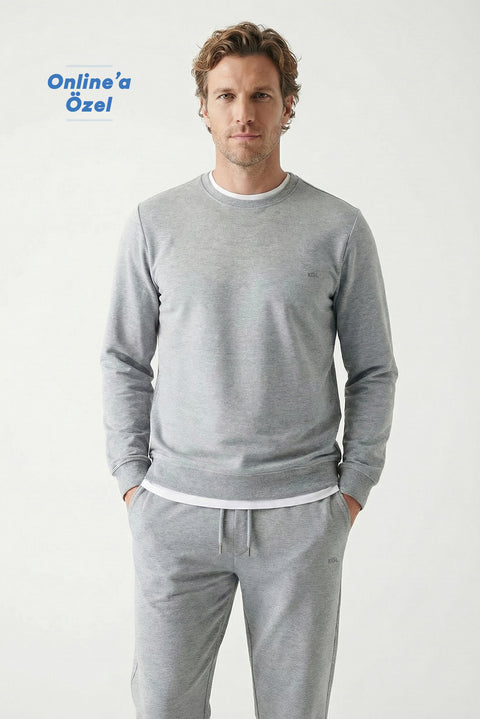 Orta Gri Melanj Bisiklet Yaka Regular Fit Pamuklu Basic Sweatshirt