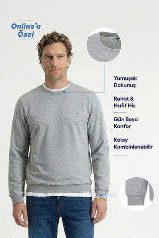  Orta Gri Melanj Bisiklet Yaka Regular Fit Pamuklu Basic Sweatshirt