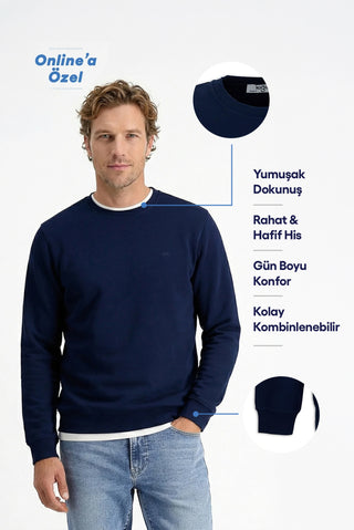  Koyu Lacivert Bisiklet Yaka Regular Fit Pamuklu Basic Sweatshirt