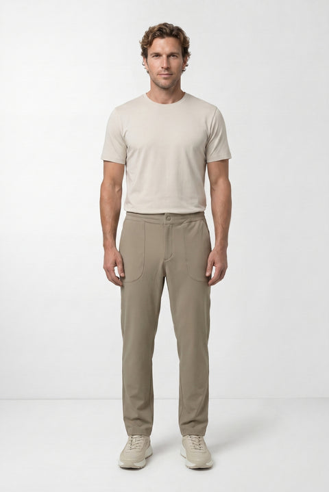 Medium Beige Techno-Line Pocketed Elastic Waist Pocketed Lycra Flexible Sweatpants / Tracksuit Bottoms