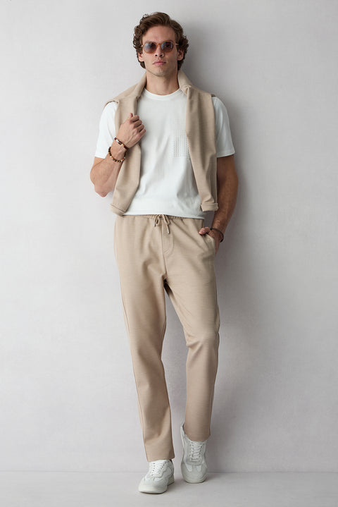 Açık Bej Beli Lastikli İpli Cepli Likralı Sweatpant / Eşofman Altı