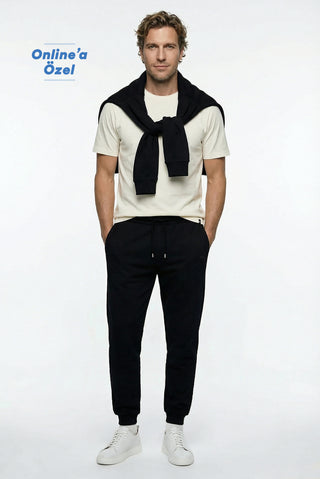  Siyah Regular Fit Pamuklu Beli Bağcıklı Lastikli Sweatpant