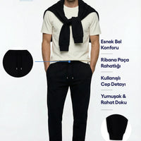 Siyah Beli Lastikli İpli Cepli Pamuklu Sweatpant / Eşofman Altı