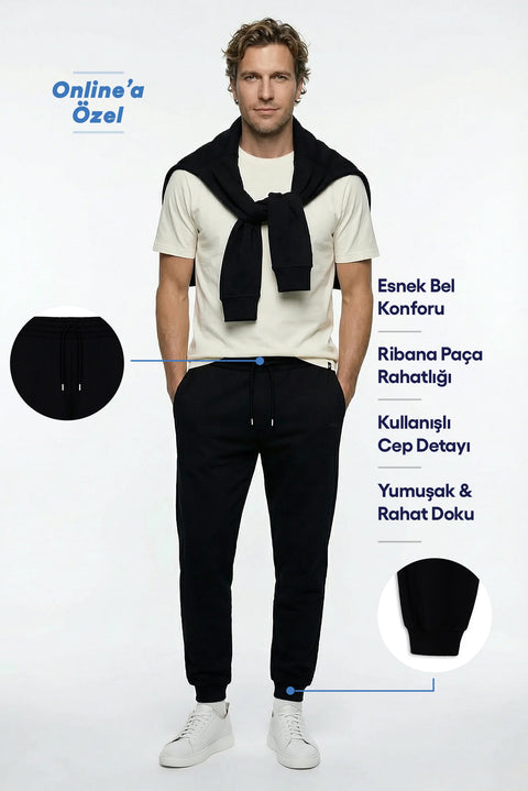 Siyah Beli Lastikli İpli Cepli Pamuklu Sweatpant / Eşofman Altı