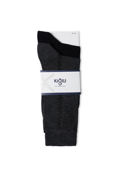 Dark Anthracite Melange 2-Pack Cotton Lycra Flexible Patterned Thin Sock Set