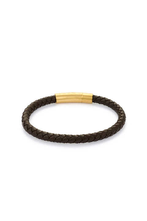 Koyu Kahve x AtolyeWolf Paslanmaz Çelik Altın Kaplama Deri Bileklik