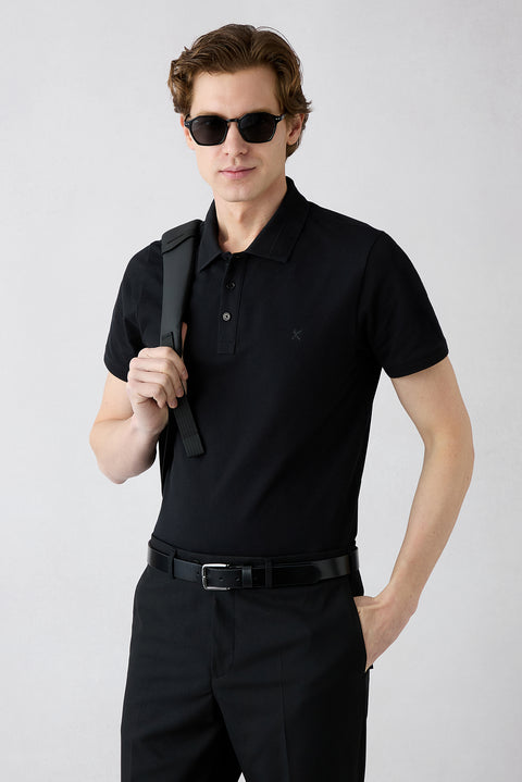 Siyah Kıvrılmaz Polo Yaka Slim Fit Dar Kesim Ribana Detaylı Pamuk Tişört