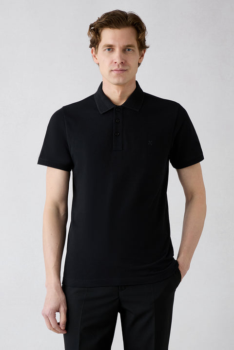Siyah Kıvrılmaz Polo Yaka Slim Fit Dar Kesim Ribana Detaylı Pamuk Tişört