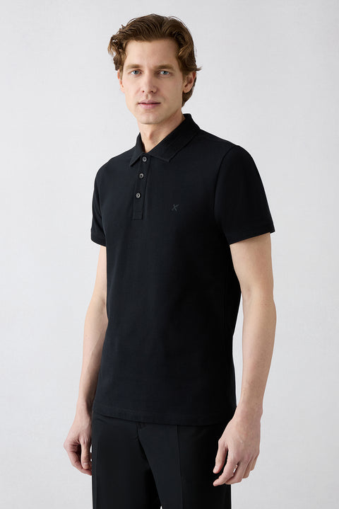 Siyah Kıvrılmaz Polo Yaka Slim Fit Dar Kesim Ribana Detaylı Pamuk Tişört