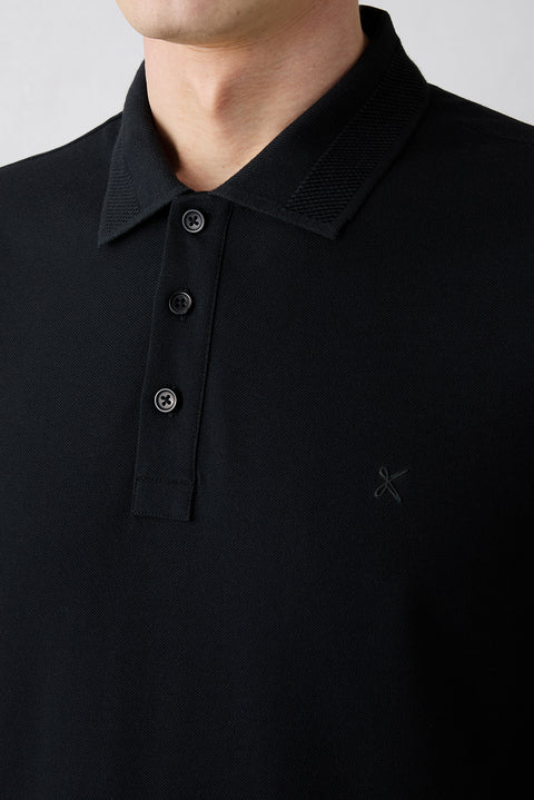 Siyah Kıvrılmaz Polo Yaka Slim Fit Dar Kesim Ribana Detaylı Pamuk Tişört
