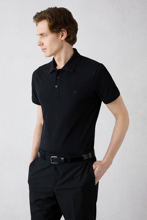 Siyah Kıvrılmaz Polo Yaka Slim Fit Dar Kesim Ribana Detaylı Pamuk Tişört