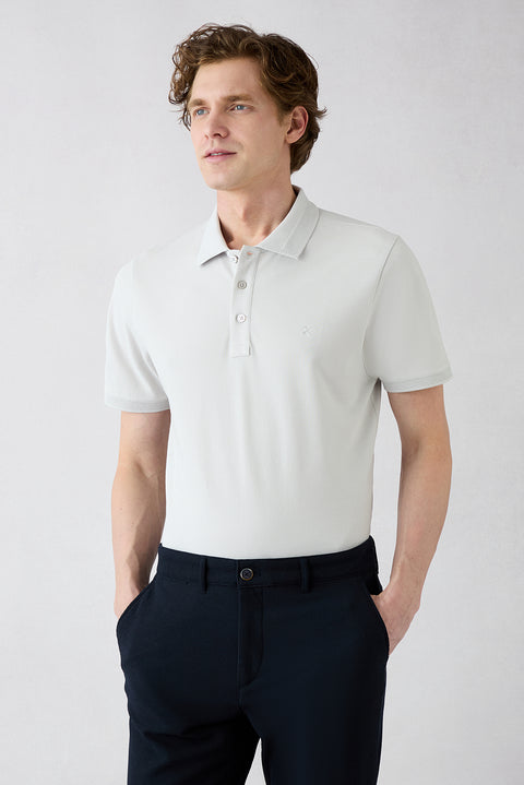 Açık Gri Kıvrılmaz Polo Yaka Slim Fit Dar Kesim Ribana Detaylı Pamuk Tişört