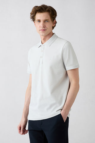  Açık Gri Kıvrılmaz Polo Yaka Slim Fit Dar Kesim Ribana Detaylı Pamuk Tişört