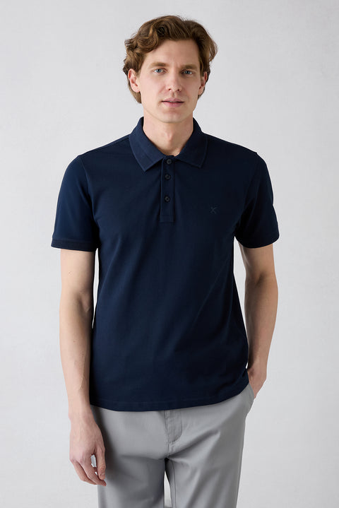 Koyu Lacivert Kıvrılmaz Polo Yaka Slim Fit Dar Kesim Ribana Detaylı Pamuk Tişört