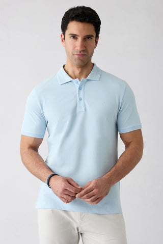  Açık Mavi Kıvrılmaz Polo Yaka Slim Fit Dar Kesim Ribana Detaylı Pamuk Tişört