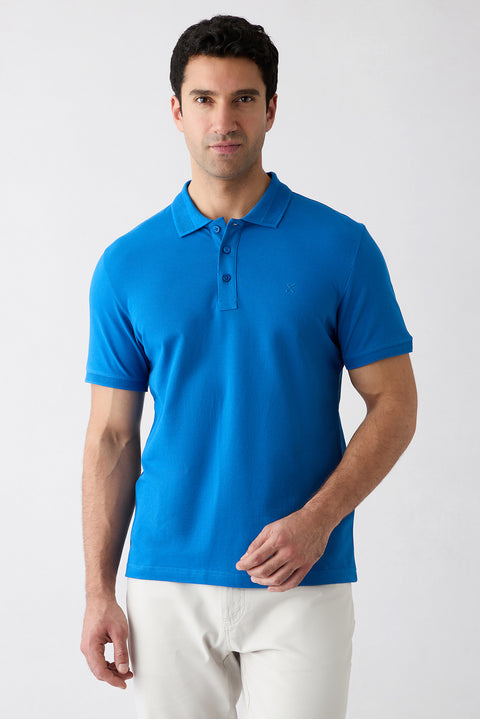 Saks Mavi Kıvrılmaz Polo Yaka Slim Fit Dar Kesim Ribana Detaylı Pamuk Tişört