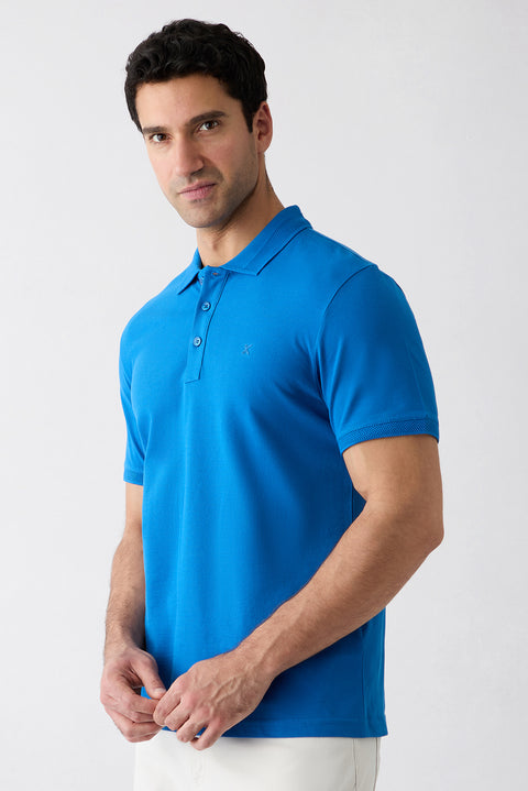 Saks Mavi Kıvrılmaz Polo Yaka Slim Fit Dar Kesim Ribana Detaylı Pamuk Tişört