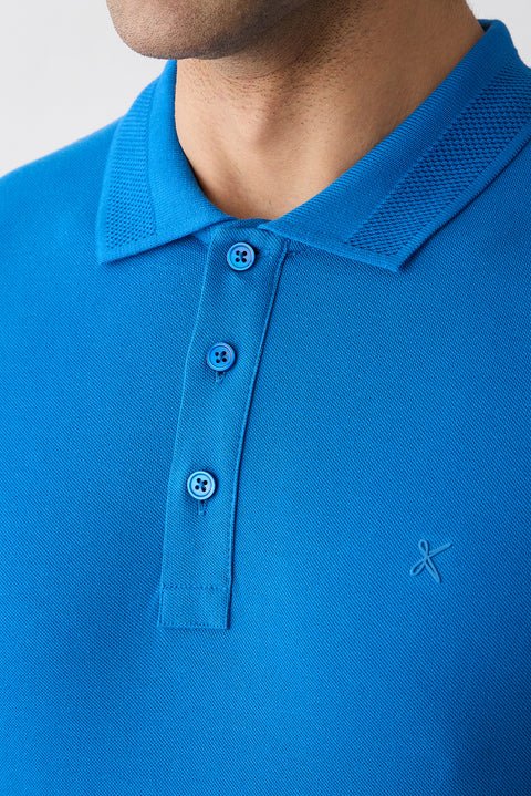Saks Mavi Kıvrılmaz Polo Yaka Slim Fit Dar Kesim Ribana Detaylı Pamuk Tişört