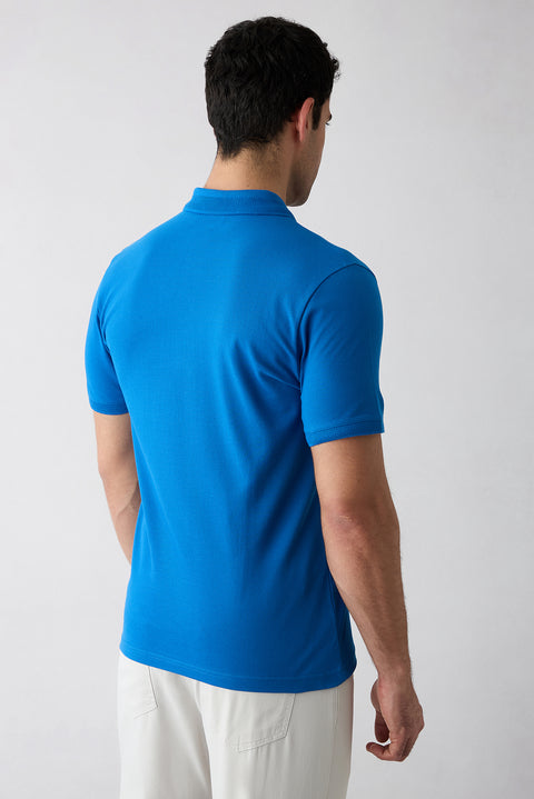 Saks Mavi Kıvrılmaz Polo Yaka Slim Fit Dar Kesim Ribana Detaylı Pamuk Tişört