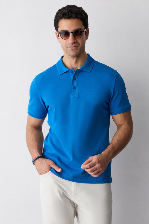 Saks Mavi Kıvrılmaz Polo Yaka Slim Fit Dar Kesim Ribana Detaylı Pamuk Tişört