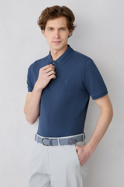 İndigo Kıvrılmaz Polo Yaka Slim Fit Dar Kesim Ribana Detaylı Pamuk Tişört