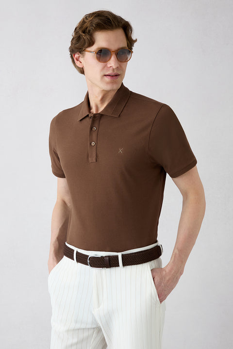 Orta Kahve Kıvrılmaz Polo Yaka Slim Fit Dar Kesim Ribana Detaylı Pamuk Tişört