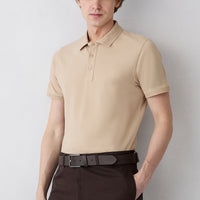 Orta Bej Kıvrılmaz Polo Yaka Slim Fit Dar Kesim Ribana Detaylı Pamuk Tişört
