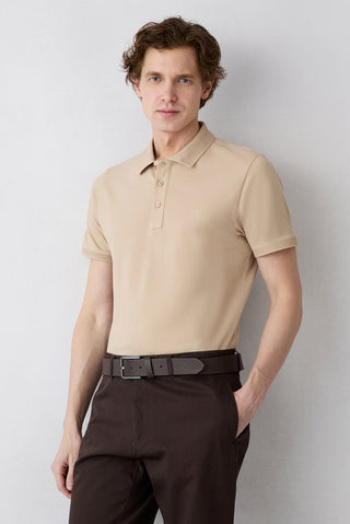  Orta Bej Kıvrılmaz Polo Yaka Slim Fit Dar Kesim Ribana Detaylı Pamuk Tişört