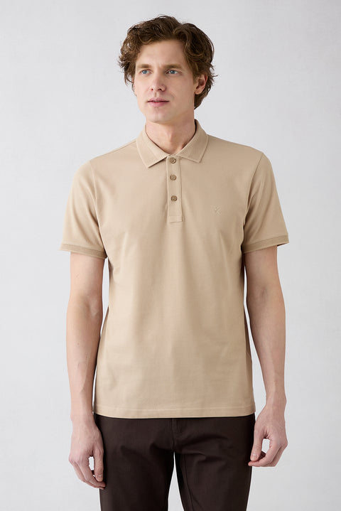 Orta Bej Kıvrılmaz Polo Yaka Slim Fit Dar Kesim Ribana Detaylı Pamuk Tişört