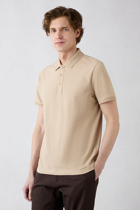 Orta Bej Kıvrılmaz Polo Yaka Slim Fit Dar Kesim Ribana Detaylı Pamuk Tişört