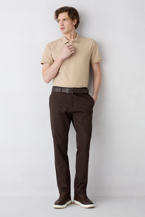 Orta Bej Kıvrılmaz Polo Yaka Slim Fit Dar Kesim Ribana Detaylı Pamuk Tişört