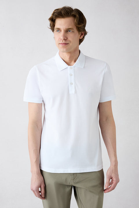 White Non-Curling Polo Neck Slim Fit Ribbed Cotton T-Shirt