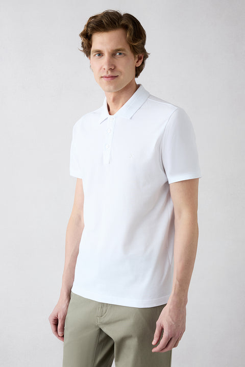 White Non-Curling Polo Neck Slim Fit Ribbed Cotton T-Shirt