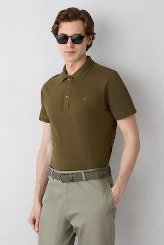  Orta Haki Kıvrılmaz Polo Yaka Slim Fit Dar Kesim Ribana Detaylı Pamuk Tişört