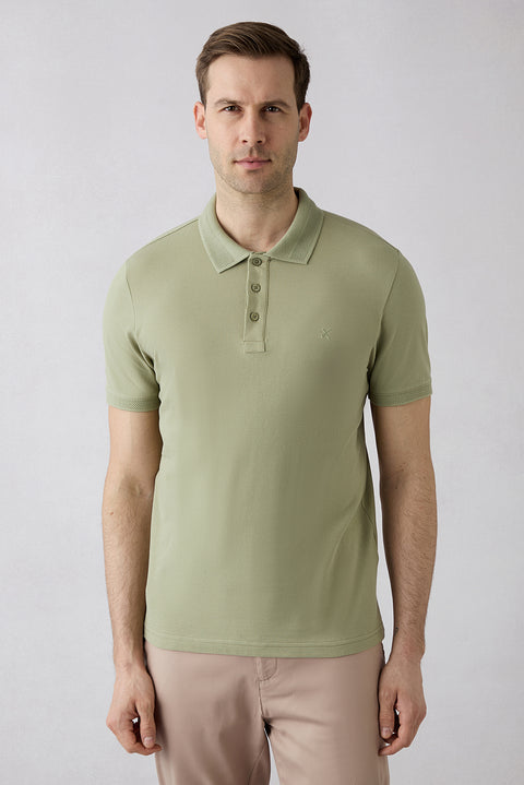 Forest Green Non-Wrinkle Polo Neck Slim Fit Narrow Cut Ribbed Detail Cotton T-Shirt