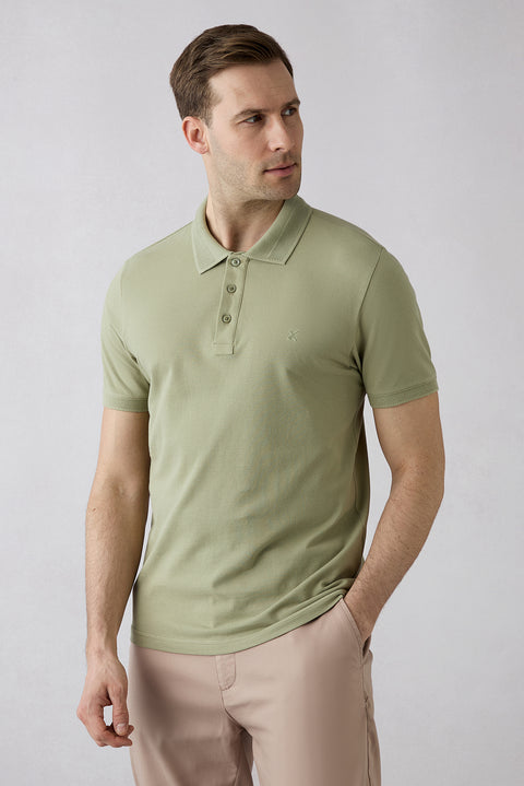 Forest Green Non-Wrinkle Polo Neck Slim Fit Narrow Cut Ribbed Detail Cotton T-Shirt