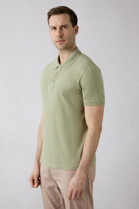 Forest Green Non-Wrinkle Polo Neck Slim Fit Narrow Cut Ribbed Detail Cotton T-Shirt