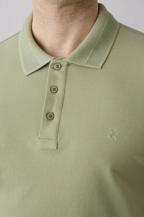 Forest Green Non-Wrinkle Polo Neck Slim Fit Narrow Cut Ribbed Detail Cotton T-Shirt