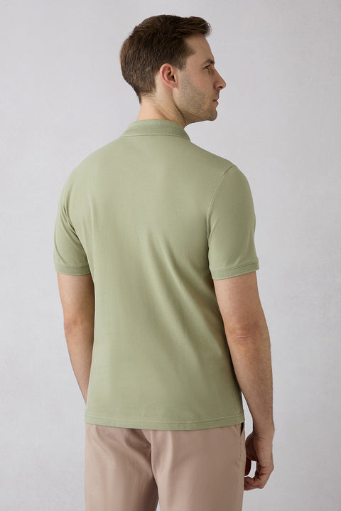 Forest Green Non-Wrinkle Polo Neck Slim Fit Narrow Cut Ribbed Detail Cotton T-Shirt