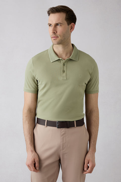 Forest Green Non-Wrinkle Polo Neck Slim Fit Narrow Cut Ribbed Detail Cotton T-Shirt
