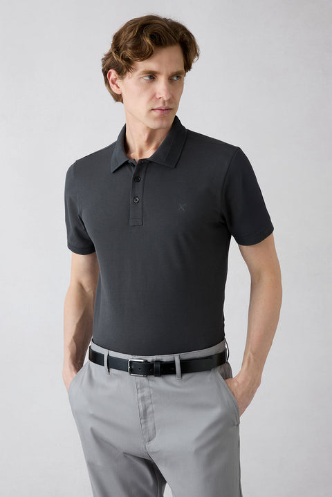 Koyu Antrasit Kıvrılmaz Polo Yaka Slim Fit Dar Kesim Ribana Detaylı Pamuk Tişört